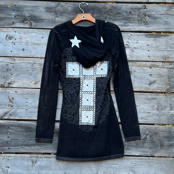 The Saints Sinphony Black Cotton Blend Hooded V-Neck Tunic Women’s Size XL - Picture 5 of 7